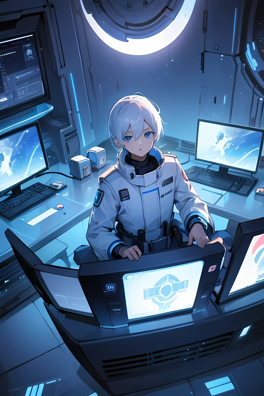 White hair-blue eyes boy,in the heart, command of your spaceship, surrounded by systems and computers 