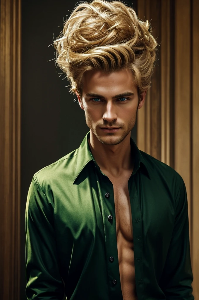 Imagine a 27-year-old man with a black shirt unbuttoned to the top buttons., well-combed blonde hair, golden crown with emeralds and green eyes