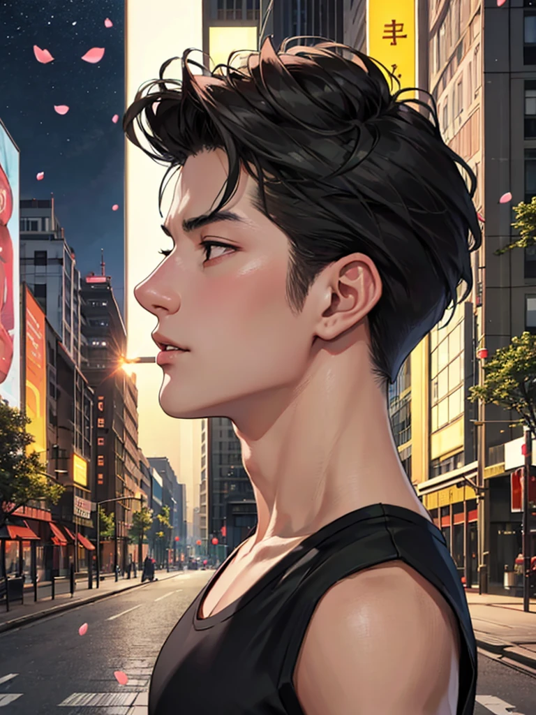 portrait of a 1 handsome asian man (25 year old) wearing a tight black tank top, front view, (angry:0.3), cinematic shot on canon 5d ultra realistic, urban atmosphere, skyscrapers, night scene, sakura petals are flying over the background, short hair undercut, (extremely handsome:1.2)