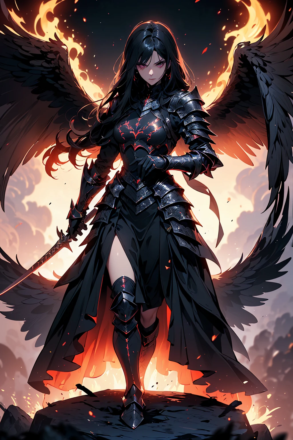 (((masterpiece, best quality, high detailed, 8k))) Design a layout showcase Gaming character, (1girl). Black+Crimson dark armor, stylish and unique. ((weapon:1.4)), cursed sword. (masterpiece:1.2), (best quality), 4k, ultra-detailed. (luminous lighting, atmospheric lighting). dark warrior, ((six wings of shadow and fire)), ((glove full hands)), (((revealing clothes:1.3))), vambraces, armored legwear, (((full_body_shot:1.4))). {In an infernal realm}. (((extremely imposing presence, black flames, super strong, incredibly beautiful with dark armor))).