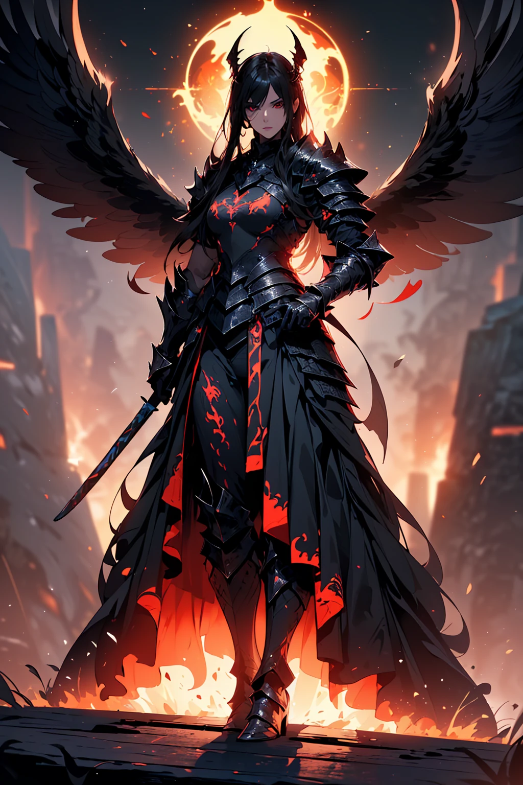 (((masterpiece, best quality, high detailed, 8k))) Design a layout showcase Gaming character, (1girl). Black+Crimson dark armor, stylish and unique. ((weapon:1.4)), cursed sword. (masterpiece:1.2), (best quality), 4k, ultra-detailed. (luminous lighting, atmospheric lighting). dark warrior, ((six wings of shadow and fire)), ((glove full hands)), (((revealing clothes:1.3))), vambraces, armored legwear, (((full_body_shot:1.4))). {In an infernal realm}. (((extremely imposing presence, black flames, super strong, incredibly beautiful with dark armor))).