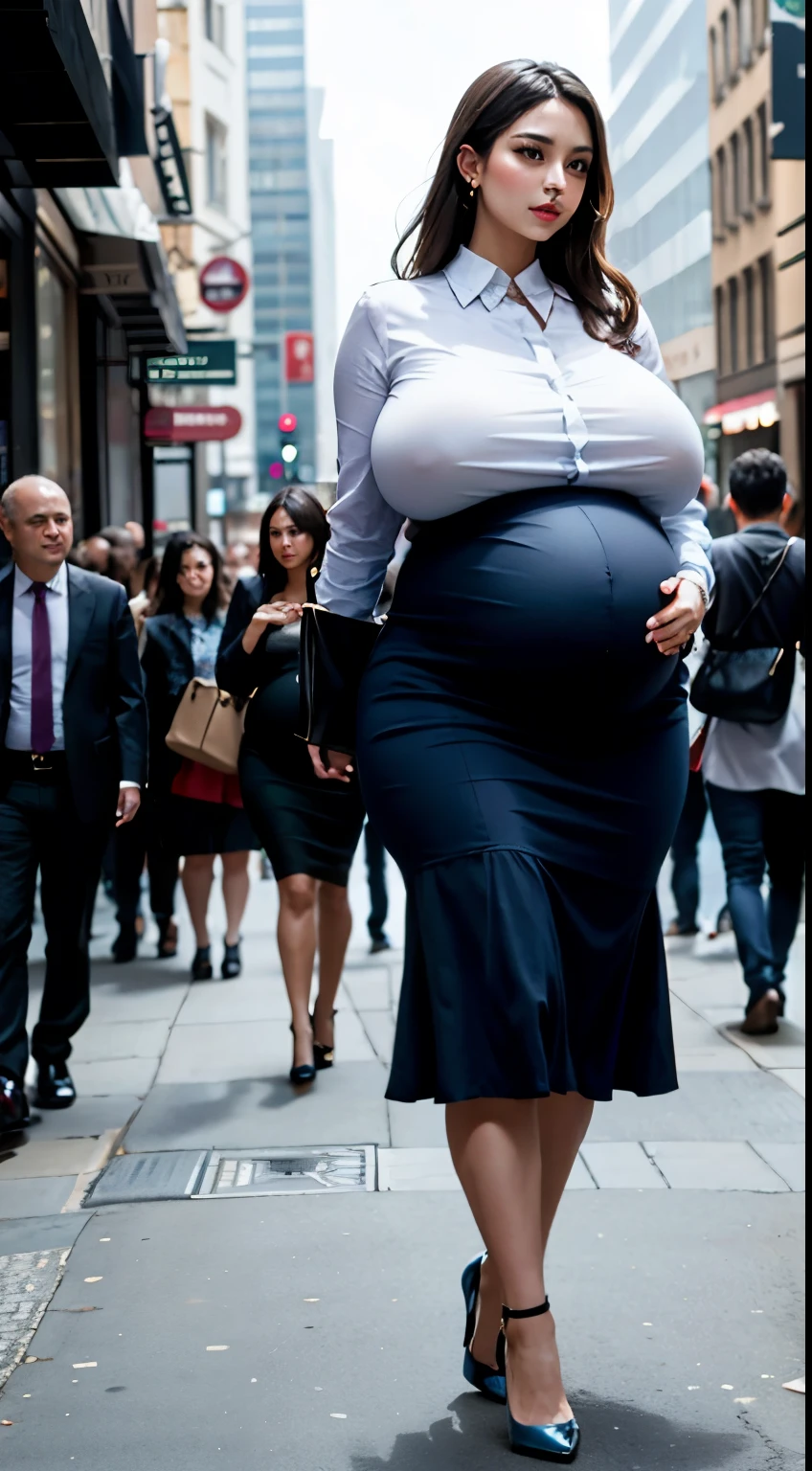 Attractive European woman, huge hanging breasts, slim waist, (huge protruding pregnant belly), wearing a business blouse, long skirt, high heels, ((walking in the crowded city center))