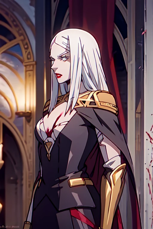 The woman, ((edgBB, black gloves, belt, shelter, torn clothes, Capelet, gauntlets,arms at the sides, forearms, black cape, tricorn, Hunter (transmitted by blood), woman wearing edgBB_attire)), Very detailed, Realistic long-term photography., 4k, by the wide, withe hair, Red lips, sexy, red lips, blue eyes, blue eyes, (((carmilla)))