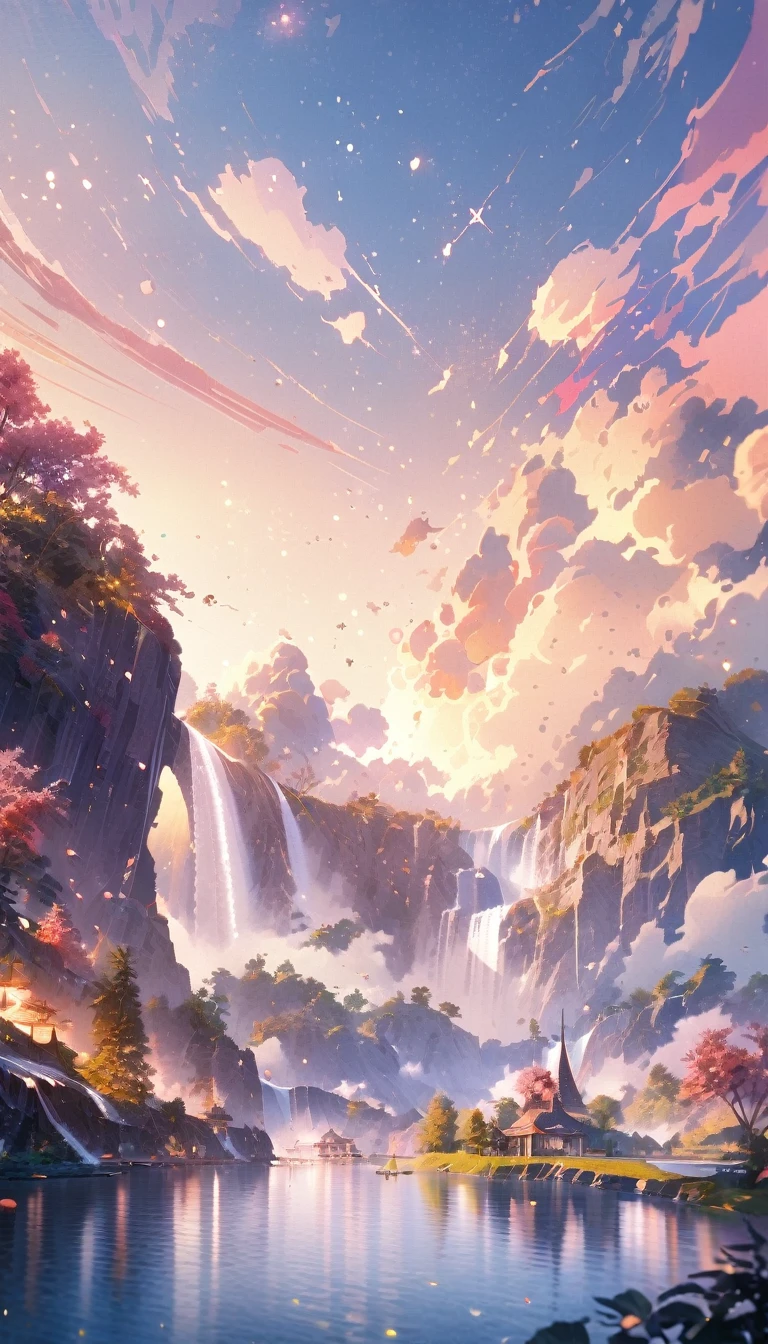 (Very beautiful and detailed watercolor painting),Beautiful Nature,Beautiful lake\((A very detailed and beautiful galaxy is displayed.:1.4)\),waterfall,Fantasy,Some fairies,Beautiful sky, break ,quality\(8k,非常に精細なCGユニットのwallpaper, masterpiece,High resolution,top-quality,top-quality real texture skin,Surreal,Increase the resolution,RAW Photos,最高quality,Very detailed,wallpaper\)