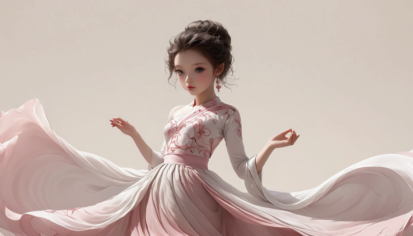 Dance photography;A dancer,Solitary;A little girl in a gorgeous long dress,Princess dress,Chinese style skirt,pink,Conservative style,Smudged skirt hem;The movements of the dance;elegant,Flexible skirt;Long hair shawl。Full body view,front; Simple style;Minimalism。White background,Pure white background;Panoramic photography;Depth of Field, Extraordinary details, masterpiece, high quality, 4K,