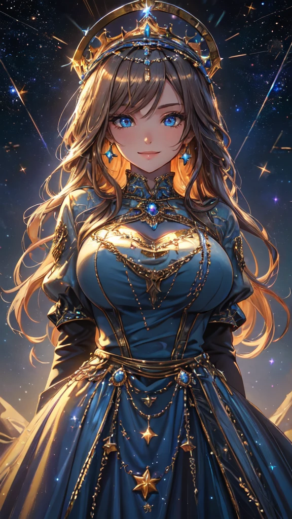 (best quality, 4k, highres, masterpiece:1.2), ultra-detailed, realistic:1.37, HDR, vivid colors, detailed eyes, long eyelashes, woman with a smile face, big breasts, long detailed dress, full body, shining, an old town background, crowned, dark colors, portrait, fine oil painting, soft lighting, space, stars