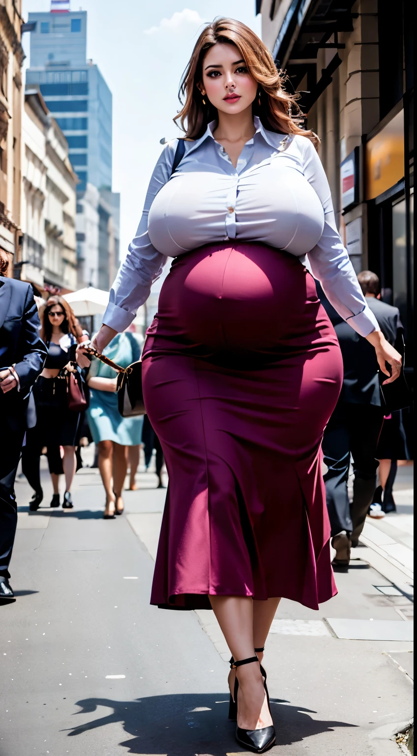 Attractive European woman, huge hanging breasts, slim waist, (huge protruding pregnant belly), wearing a business blouse, long skirt, high heels, ((walking in the crowded city center))