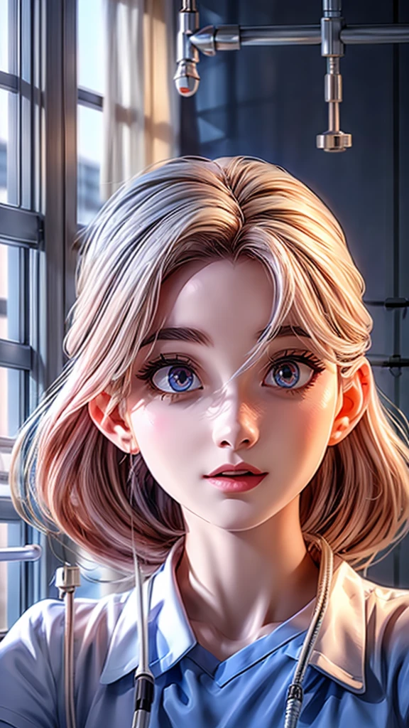 beautiful female nurse, detailed face, beautiful eyes, beautiful lips, long eyelashes, medical uniform, exchanging IV drip, medical equipment, hospital room, window light, realistic, photorealistic, 8k, ultra-detailed, cinematic lighting, masterpiece, vibrant colors