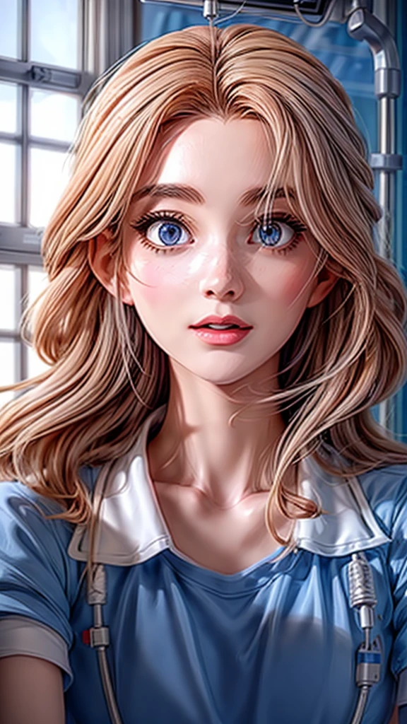 beautiful female nurse, detailed face, beautiful eyes, beautiful lips, long eyelashes, medical uniform, exchanging IV drip, medical equipment, hospital room, window light, realistic, photorealistic, 8k, ultra-detailed, cinematic lighting, masterpiece, vibrant colors