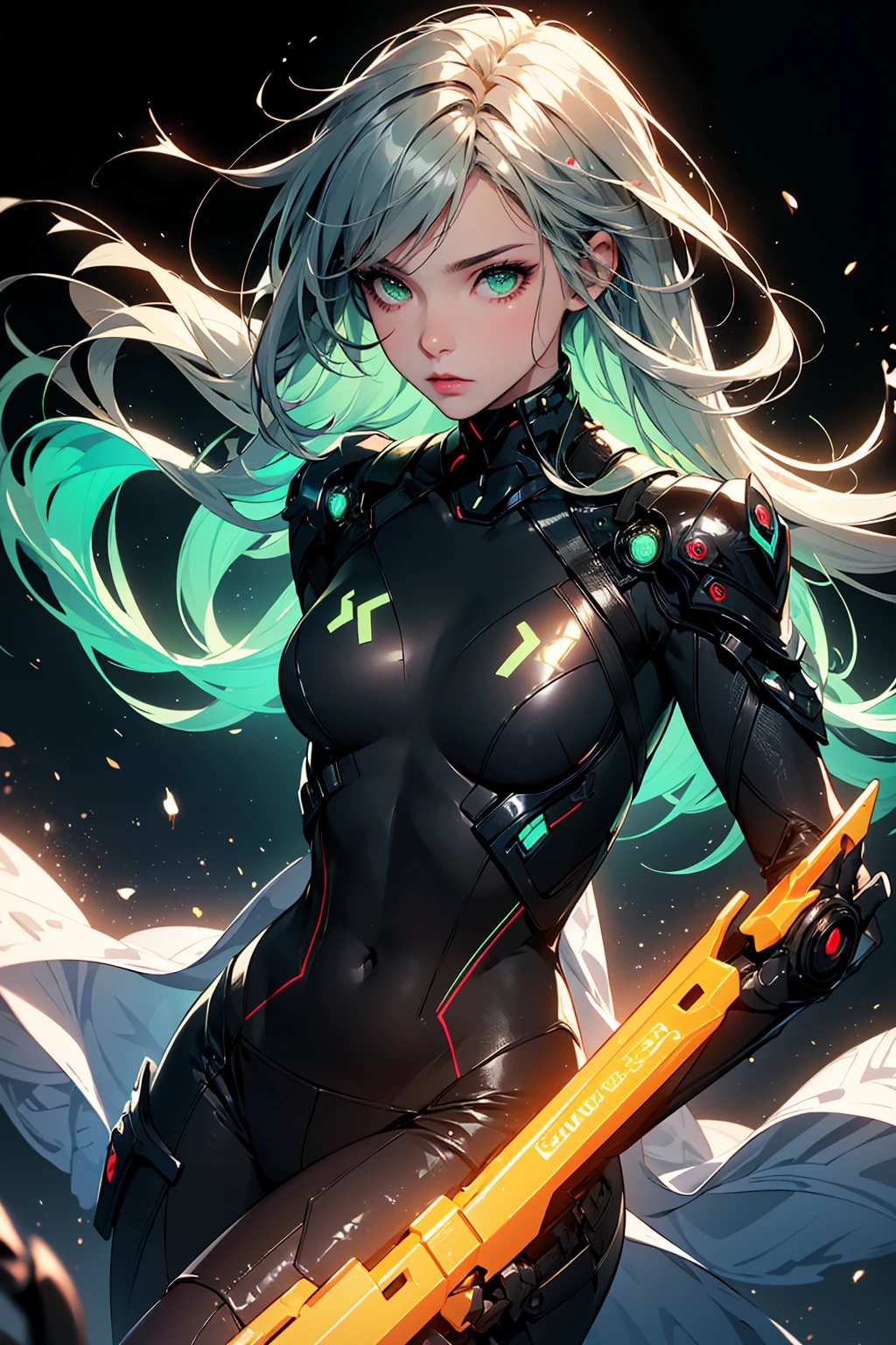 (best quality,realistic:1.37), solo female, full-body, long silver hair, light green eyes, emotionless expression, perfect face, bodysuit armor, amber glowing parts, sci-fi style, vibrant colors, futuristic lighting, detailed hair strands, metallic texture, sleek design, dynamic pose