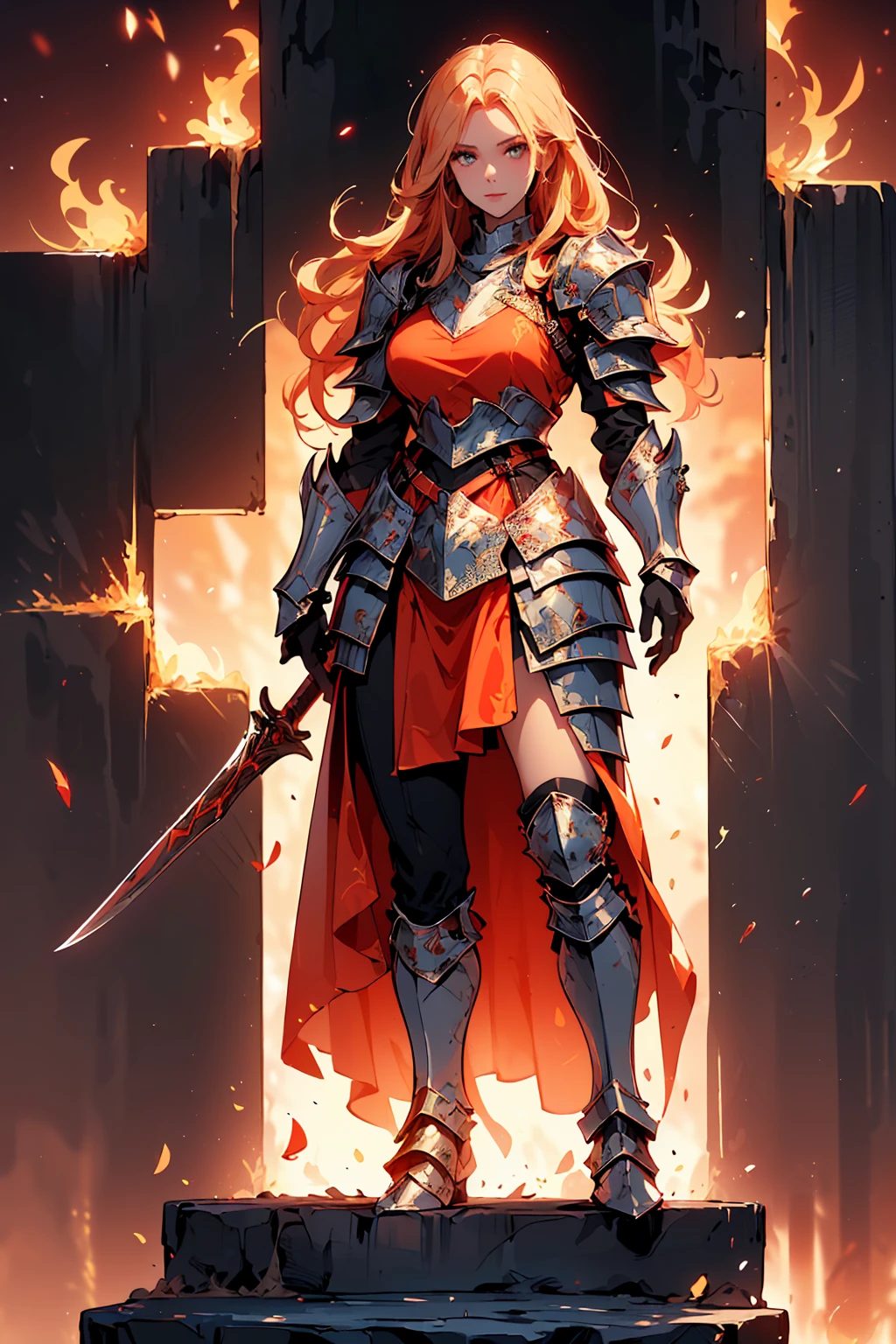 Design a layout showcase Gaming character, (1girl). Gold+Red clothes, fiery and majestic, ((showcase weapon:1.4)), flame whip, (masterpiece:1.2), (best quality), 4k, ultra-detailed, (Step by step design, layout art:1.5), (flaming lighting, fiery setting), fire mage, ((flame gloves)), (((revealing armor:1.3))), flame vambraces, fireproof boots, (((full_body_shot:1.4)))