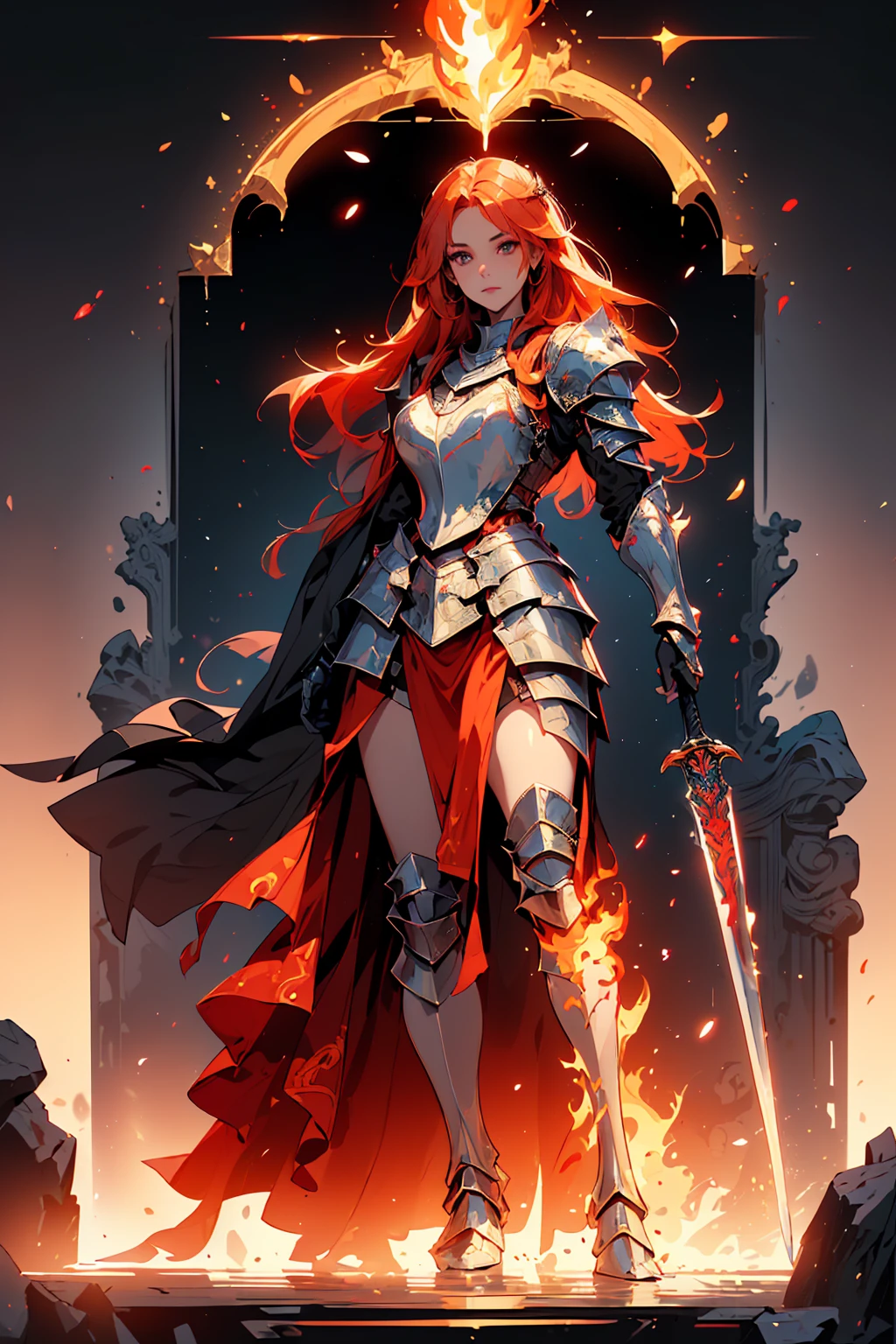 Design a layout showcase Gaming character, (1girl). Gold+Red clothes, fiery and majestic, ((showcase weapon:1.4)), flame whip, (masterpiece:1.2), (best quality), 4k, ultra-detailed, (Step by step design, layout art:1.5), (flaming lighting, fiery setting), fire mage, ((flame gloves)), (((revealing armor:1.3))), flame vambraces, fireproof boots, (((full_body_shot:1.4)))