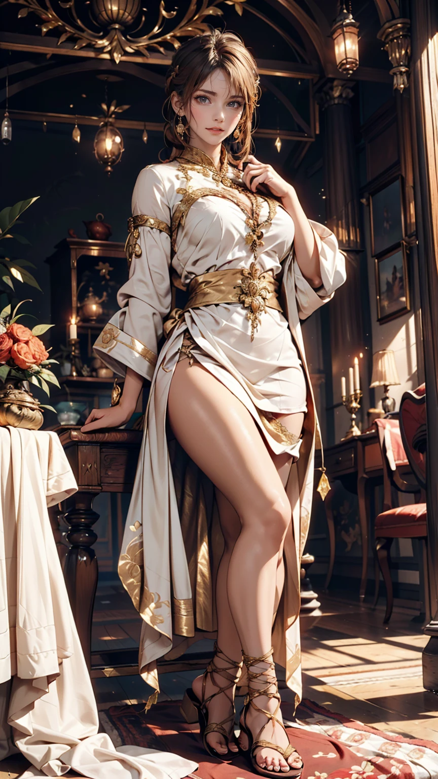 Roman patrician woman in a rich toga of white and gold。She wears a gorgeous hairstyle、In the background you can see the lavish decoration of an ancient Roman palace.。Fine silk curtains swayed around her、Lined with gold-decorated furniture、Lace-up sandals