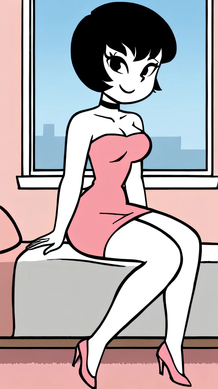 Jucika, digital media, black eyes, black hair, short hair, flat color, flat graphic style, white skin, zPDXL, best quality, amazing quality, score 9, 1girl, collarbone, strapless pink tube dress, black chocker, standing in her bedroom with a little blue window, seductive smile, looking at viewers, sitting on her bed, pink high heels