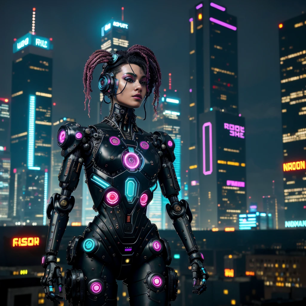 cyberpunk style, (establishing shot:1.5) Robot beauty and creativity. utilizing the fusion of technology and art.Robot The  becomes a symbol of innovation and creativity a culinary masterpiece that nourishes not only her body, but also her soul with the beauty and wonder of digital art.neon, dystopian, futuristic, digital, vibrant, detailed, high contrast, reminiscent of cyberpunk genre