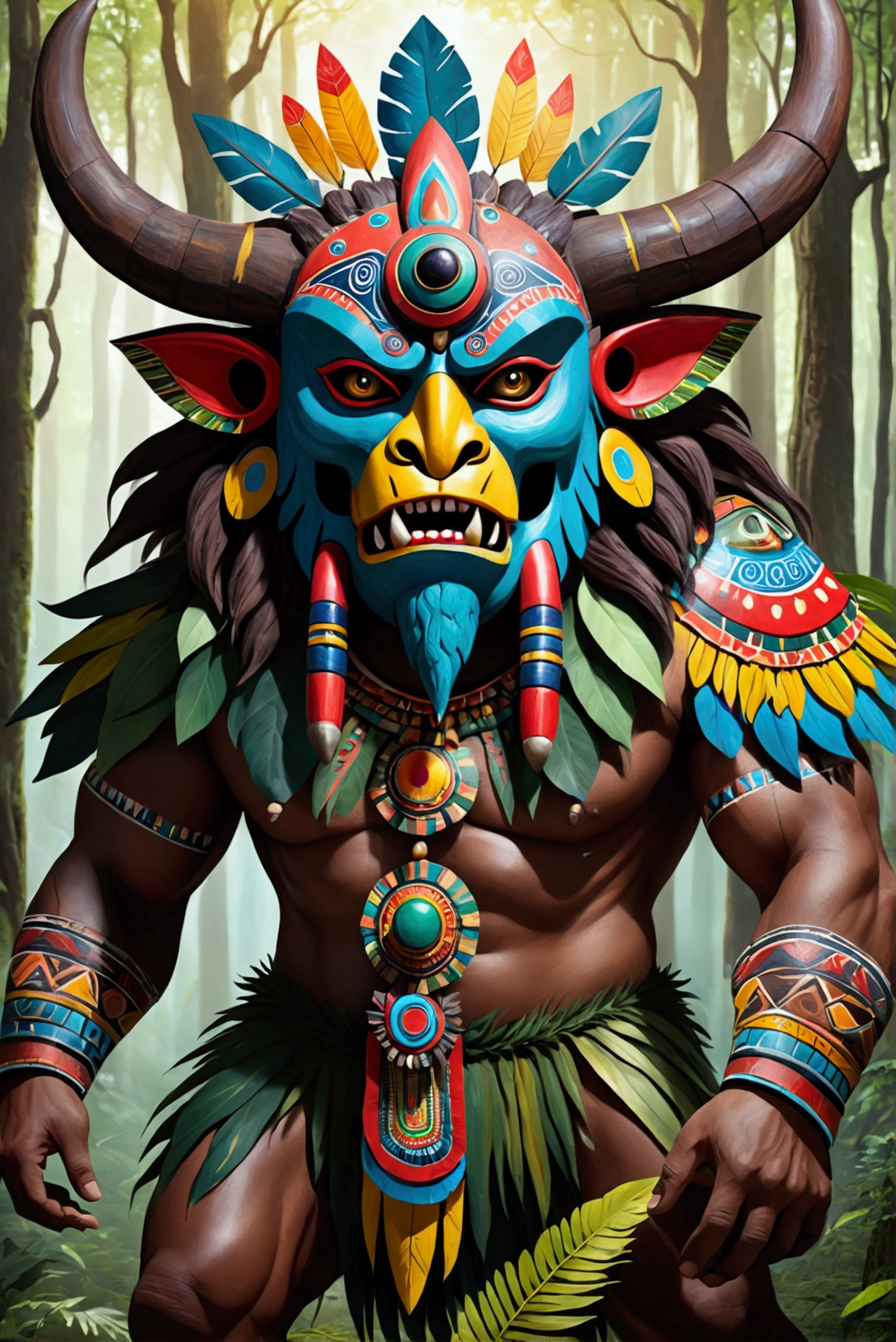 Tribal monster with colorful wooden mask, giant creature with parts of South American animals on your body, powerful and huge deity Giant creature among the forest, sighting, legend appearance record