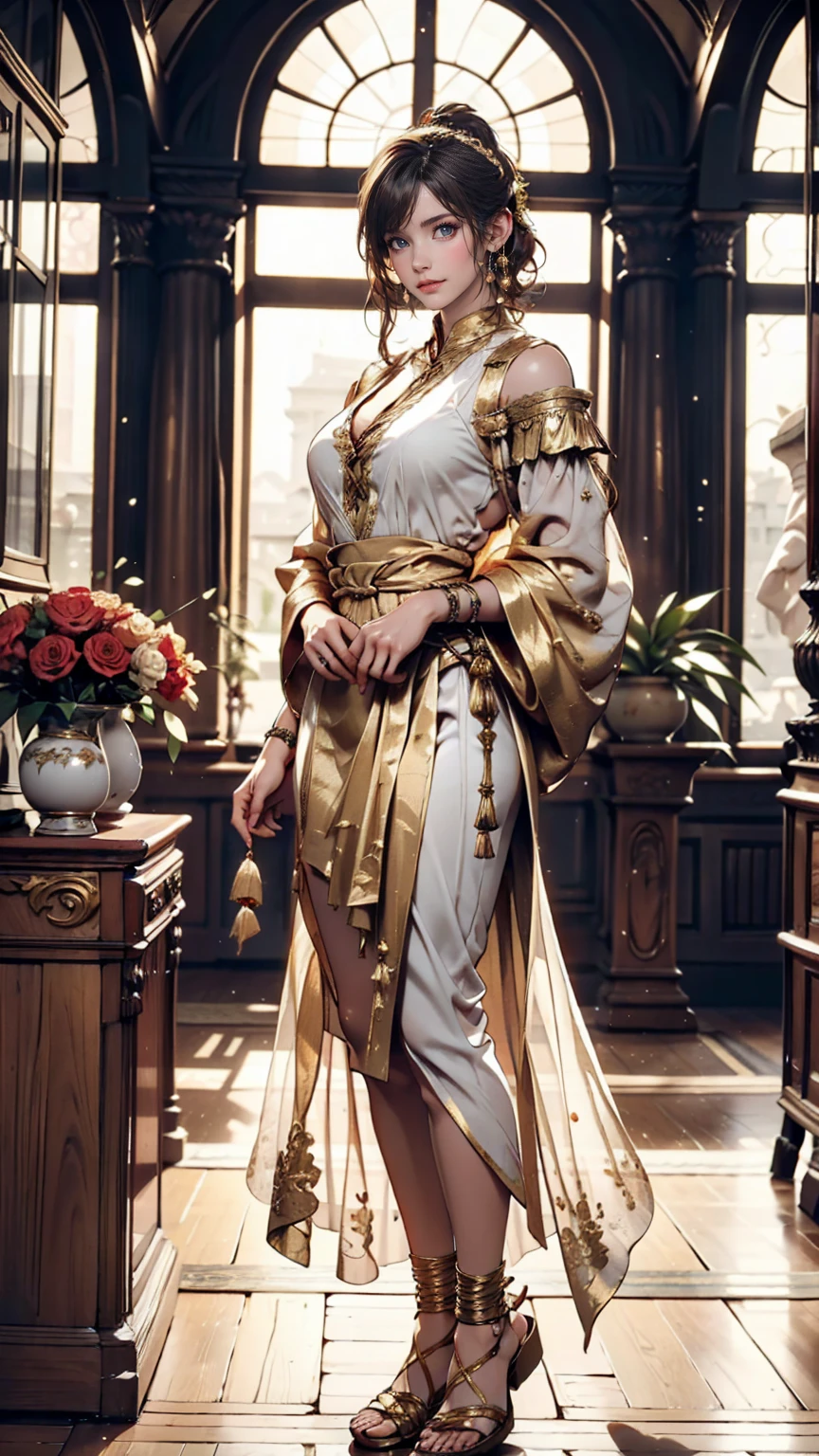 Roman patrician woman in a rich toga of white and gold。She wears a gorgeous hairstyle、In the background you can see the lavish decoration of an ancient Roman palace.。Fine silk curtains swayed around her、Lined with gold-decorated furniture、Lace-up sandals