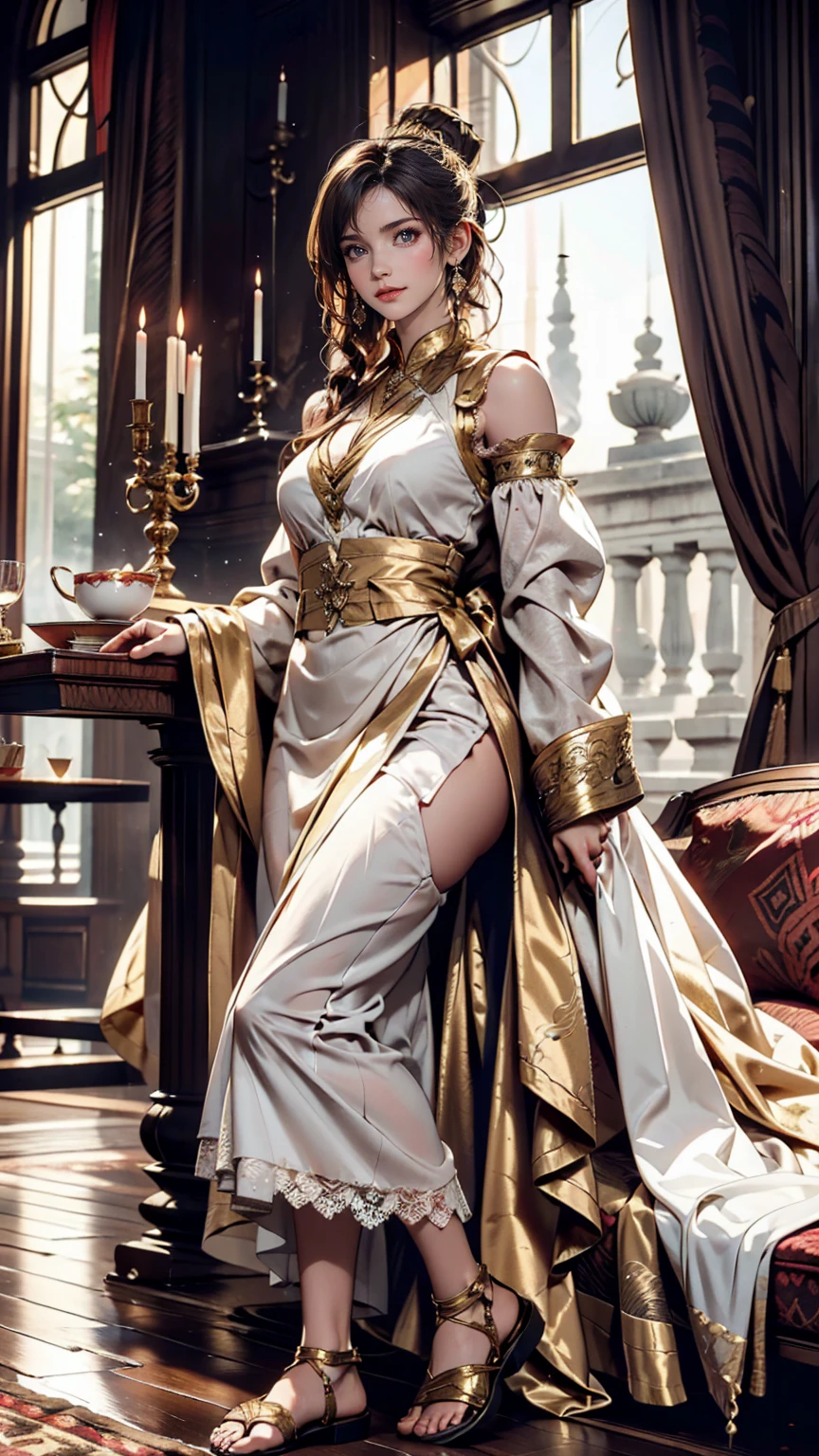 Roman patrician woman in a rich toga of white and gold。She wears a gorgeous hairstyle、In the background you can see the lavish decoration of an ancient Roman palace.。Fine silk curtains swayed around her、Lined with gold-decorated furniture、Lace-up sandals