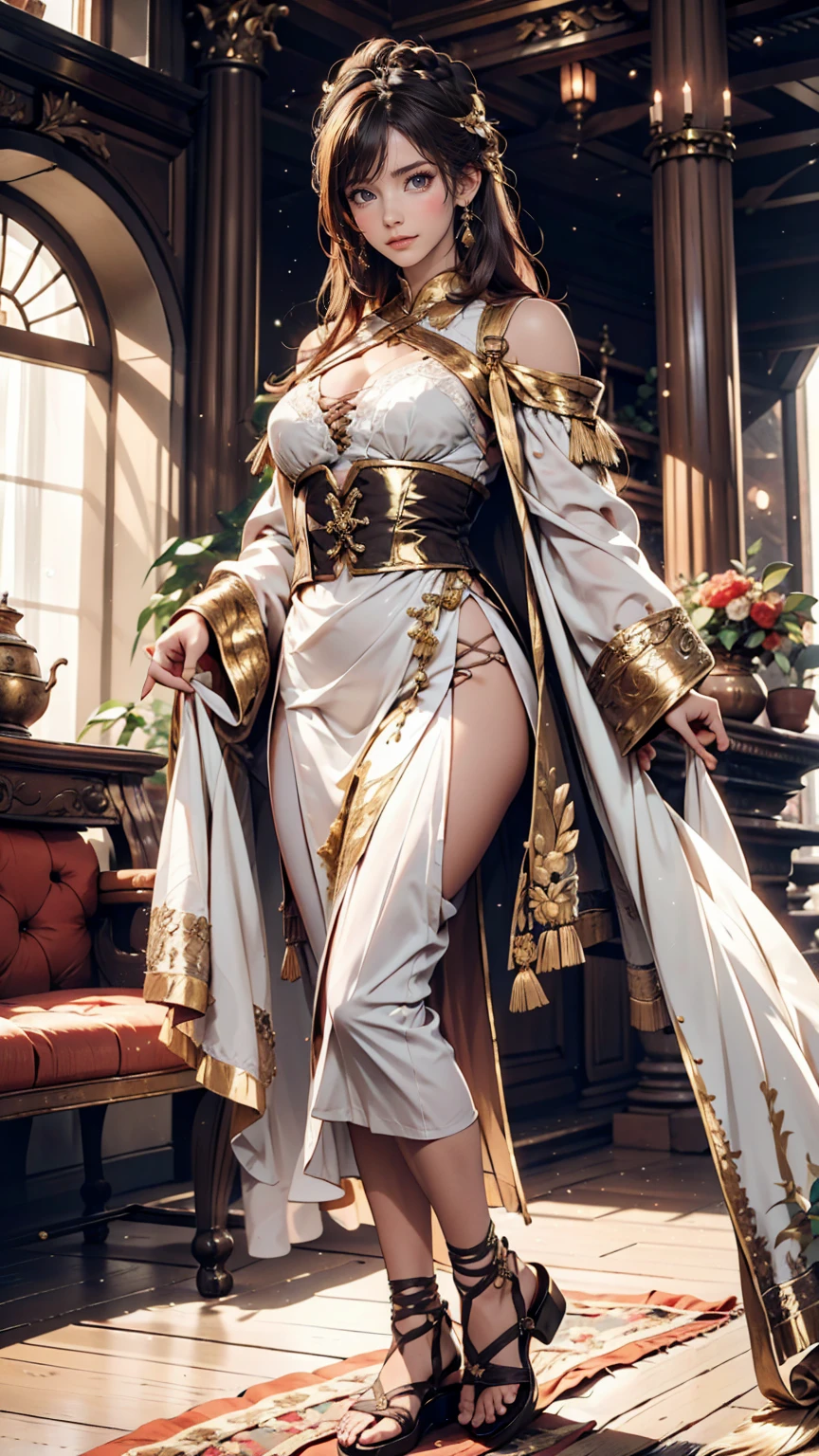 Roman patrician woman in a rich toga of white and gold。She wears a gorgeous hairstyle、In the background you can see the lavish decoration of an ancient Roman palace.。Fine silk curtains swayed around her、Lined with gold-decorated furniture、Lace-up sandals