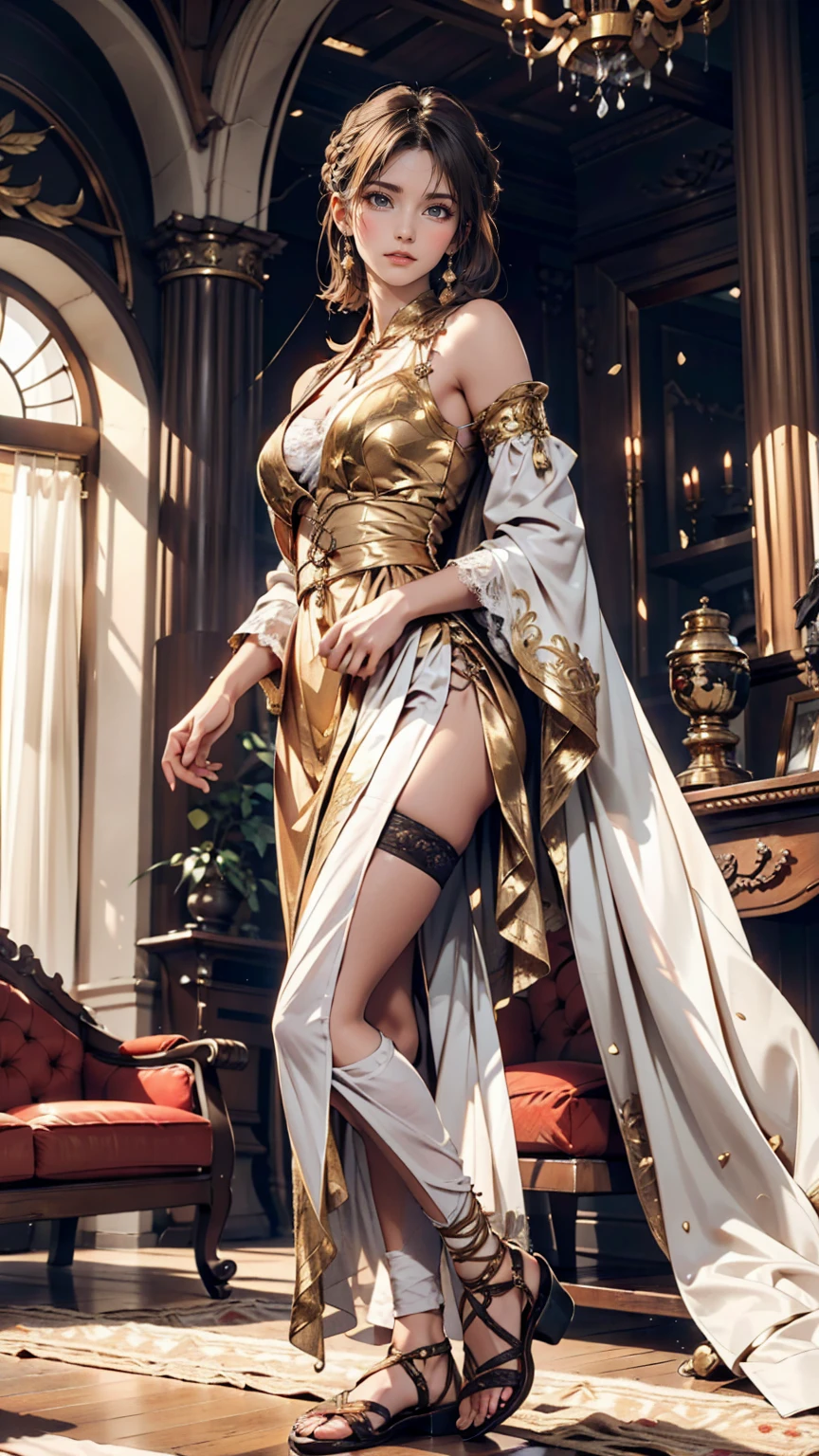 Roman patrician woman in a rich toga of white and gold。She wears a gorgeous hairstyle、In the background you can see the lavish decoration of an ancient Roman palace.。Fine silk curtains swayed around her、Lined with gold-decorated furniture、Lace-up sandals