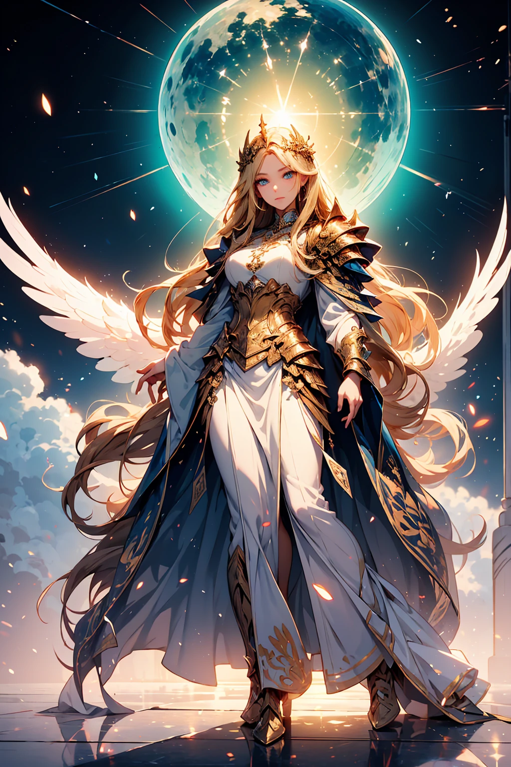 ((full body shot)) of a girl in shining, ornate golden armor with intricate engravings, standing in a radiant, heavenly realm. She has long, flowing blonde hair and glowing blue eyes. Large, feathered white wings spread majestically behind her. She holds a gleaming, holy sword in her hands, which emits a divine light. The atmosphere is {sacred|majestic}, with beams of sunlight filtering through ethereal clouds. The ground beneath her is made of polished marble, reflecting her radiant form and adding to the celestial ambiance. Surrounding her are floating orbs of light in shades of {gold|white}, casting a warm, heavenly glow. The background features grand, towering structures made of pristine, white stone and adorned with golden accents, hinting at a holy sanctuary. The scene is serene and awe-inspiring, with her face exuding a calm yet determined expression, her eyes focused intently on her holy mission.

[Best quality], [Masterpiece], [Ultra-detailed], [4k], {serene|majestic} atmosphere, heavenly realm, {dynamic pose|heroic pose}, radiant illumination, {soft shadows|divine lighting}, {reflected light on marble:0.7}, {ethereal clouds:0.6}, {floating light orbs:0.5}, {golden accents:0.4}, {pristine structures:0.3}.