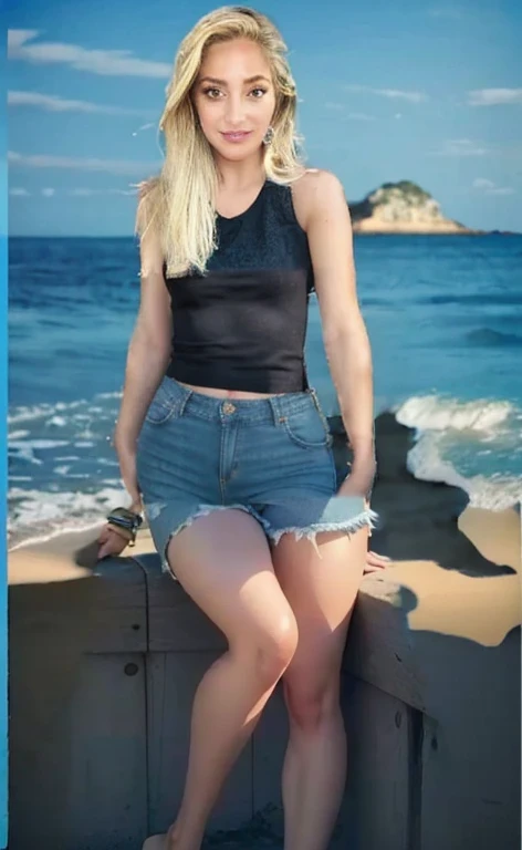 cutoff jeans, beautiful bare legs with perfect anatomy, beach and water, match background