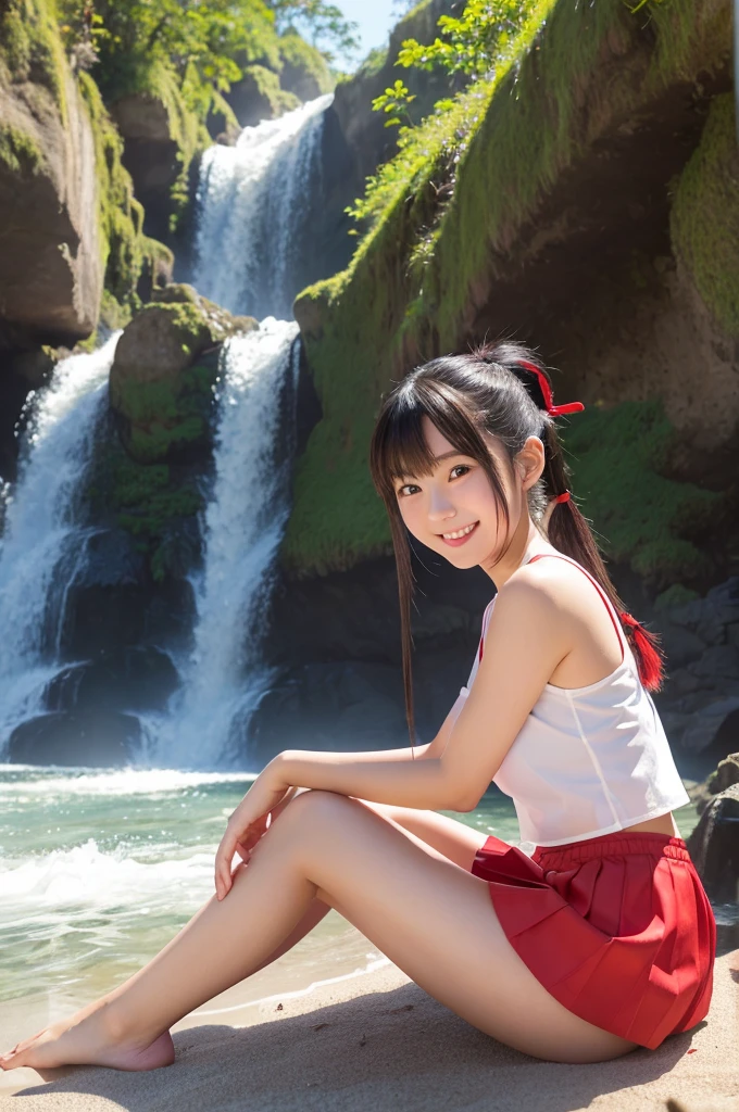 realistic photo,truly cute girl ,sexy pose,sexy cloths,japanese maiden shrine,wearing white garps,sleeveless wearing red mini skirt, smiling, on the beach,see her neckline,poney tail, big ,background is waterfall,very sexy,spread legs,sitting on the tarf,showing her panties