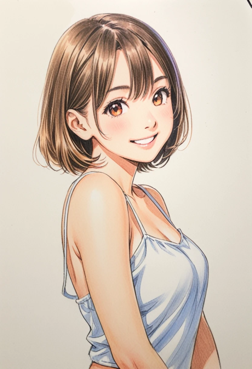 female,short camisole,white,Art,ad,colour pencil drawing,draft drawing,illustration, half body , cute pose , smile