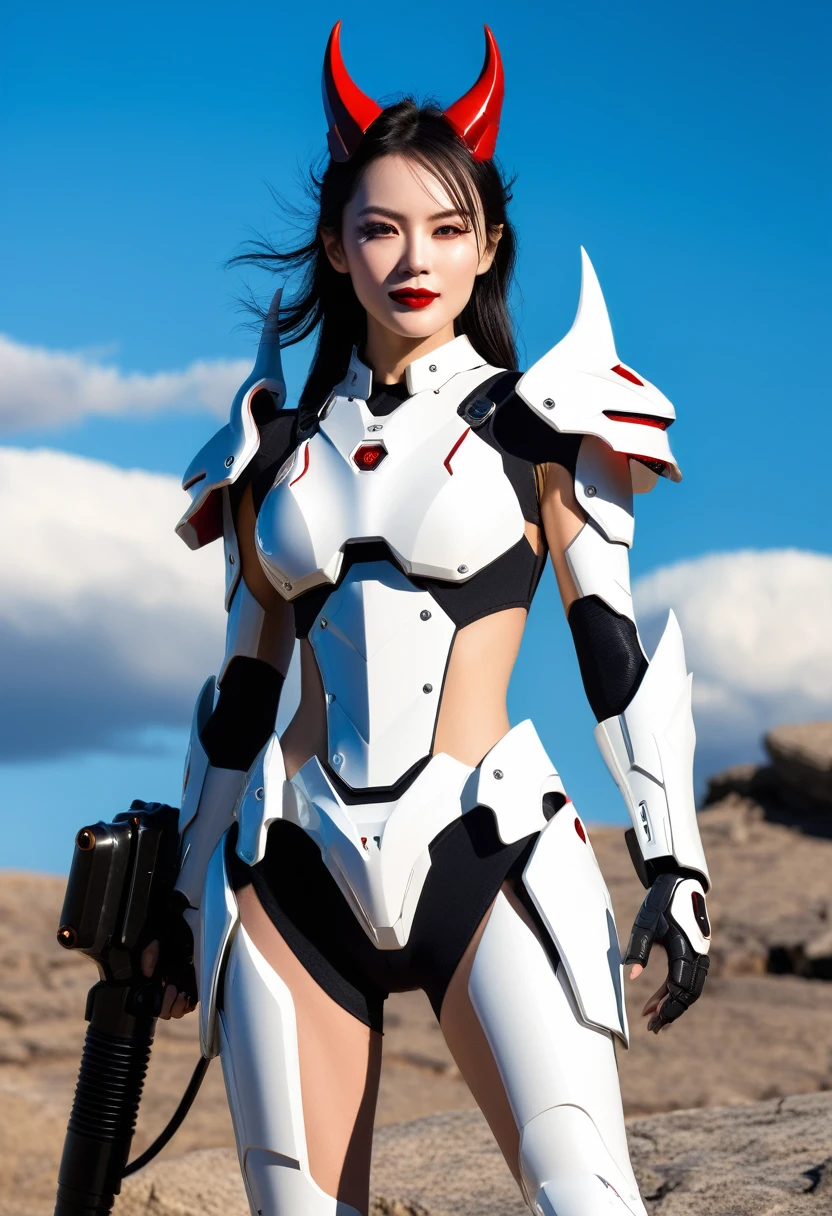 Close-up of a lone female robot warrior's face with wolf-like ears and a pair of devilish horns, standing on a desolate rocky land, the sun is shining, the clouds are bright. She is wearing a tattered, mechanized uniform, holding a super-powerful plasma gun in one hand, and a shining dagger in the other. The glaring sun creates long shadows and the sky is full of swirling, burning clouds. The image must convey both a strong, yet fragile feeling in emotions, the expectation of a bright future. Photo taken with Canon EOS R5 85mm f/11 camera, ((sharp)) mode of the person and the surrounding scene. Image quality ((8K)), ((realistic)), ((masterpiece)), ((sharpest and highest contrast)), ((excellent depth of field)), ((light stereoscopic optics)). ((high-end cosmetics makeup)), ((cold smile, causing fear to the enemy)), ((shiny red lipstick)), ((ivory color, bright white skin)), detailed pores, ((glossy skin)), ((light shines directly on the girl's face))