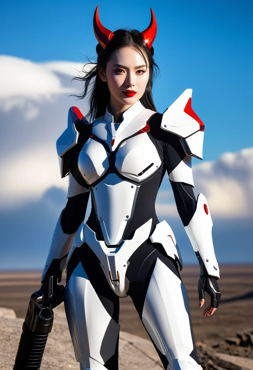 Close-up of a lone female robot warrior's face with wolf-like ears and a pair of devilish horns, standing on a desolate rocky land, the sun is shining, the clouds are bright. She is wearing a tattered, mechanized uniform, holding a super-powerful plasma gun in one hand, and a shining dagger in the other. The glaring sun creates long shadows and the sky is full of swirling, burning clouds. The image must convey both a strong, yet fragile feeling in emotions, the expectation of a bright future. Photo taken with Canon EOS R5 85mm f/11 camera, ((sharp)) mode of the person and the surrounding scene. Image quality ((8K)), ((realistic)), ((masterpiece)), ((sharpest and highest contrast)), ((excellent depth of field)), ((light stereoscopic optics)). ((high-end cosmetics makeup)), ((cold smile, causing fear to the enemy)), ((shiny red lipstick)), ((ivory color, bright white skin)), detailed pores, ((glossy skin)), ((light shines directly on the girl's face))