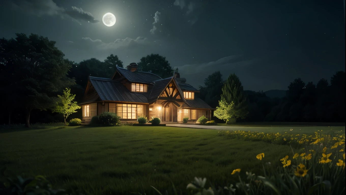 Beautiful house in green and flowery countryside, on a moonlit night. Namaste. Feeling of great power. cinematic lighting 