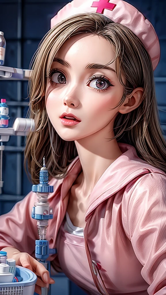 beautiful female nurse, 1girl, detailed face, detailed eyes, detailed lips, detailed skin, medical uniform, holding syringe, medical equipment, sterile environment, bright lighting, clean and crisp, photorealistic, 8k, high quality, hyper detailed, masterpiece, intricate details, realistic shading and textures