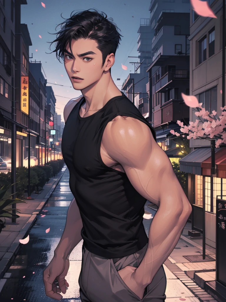 portrait of a 1 handsome asian man (25 year old) wearing a tight black tank top, front view, (angry:0.3), cinematic shot on canon 5d ultra realistic, urban atmosphere, skyscrapers, night scene, sakura petals are flying over the background, short hair undercut, (extremely handsome:1.2)