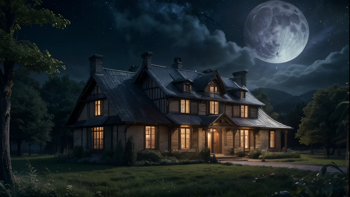 a beautiful countryside house in moonlight, cinematic lighting, dramatic atmosphere, majestic, powerful, mystical, glowing moon, starry night sky, detailed architecture, intricate textures, lush foliage, moody lighting, warm tones, photorealistic, digital art, matte painting style
