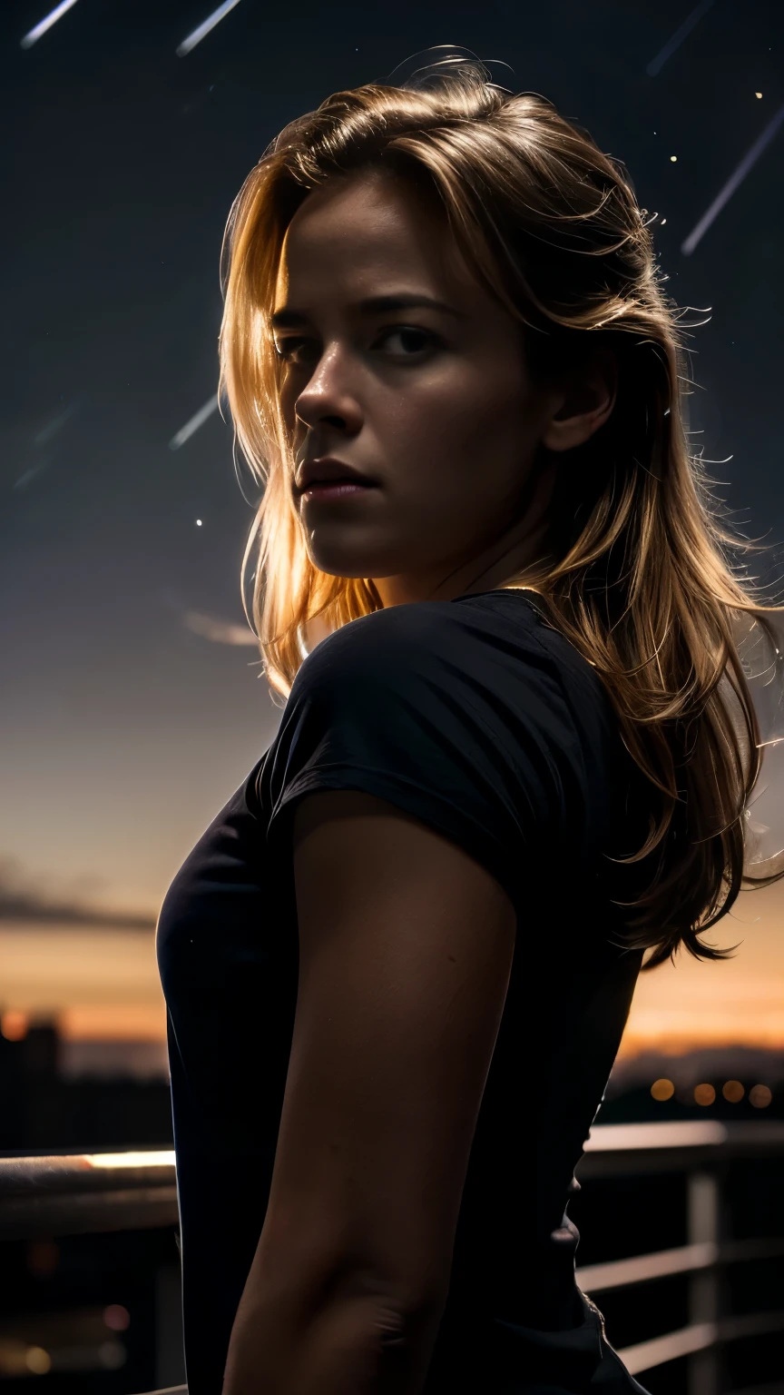 Background (dark place) dark night, meteor shower, no lights, 1girl looking to the sky, Elisabeth Shue, 18 years old, upper body, masterpiece:1.2 - (best quality) (detailed) (intricate) (8k) (HDR) (wallpaper) (cinematic lighting) (sharp focus) ,