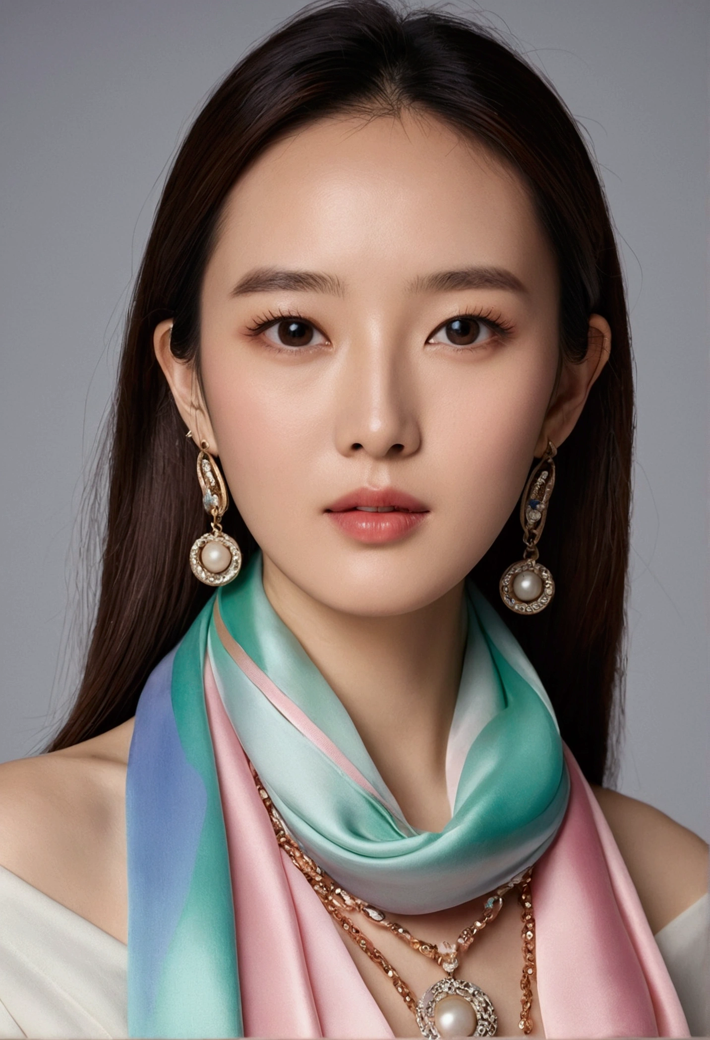 Close-up of a woman wearing a silk scarf and necklace, a pastel inspired by Huang Ji, Instagram, tachisme, gorgeous chinese models, She was about 28 years old, she is about 30 years old, 8k selfie photograph, She was about 32 years old, Gorgeous young Korean woman, dilraba dilmurat, Scarf nude full body 