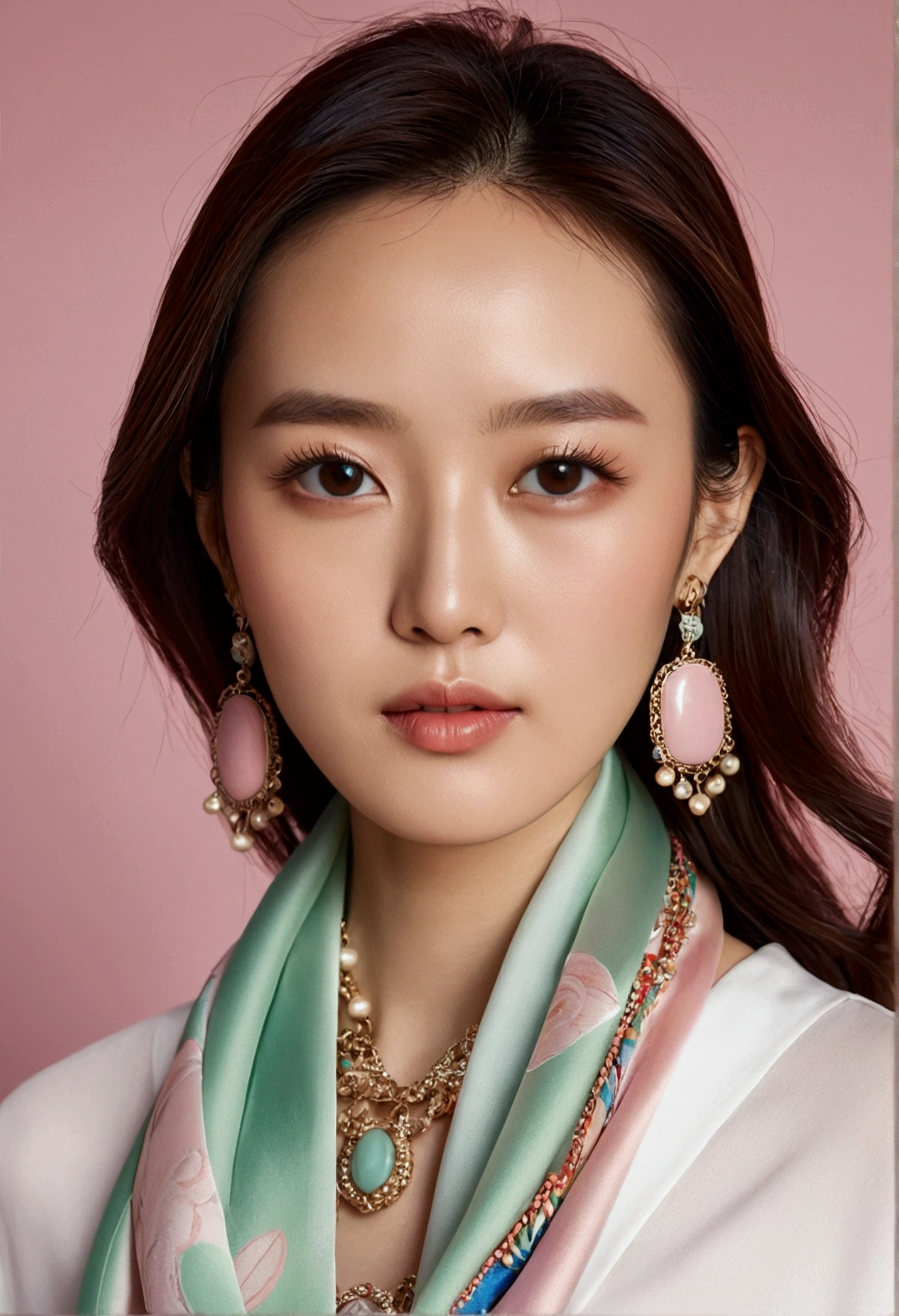 Close-up of a woman wearing a silk scarf and necklace, a pastel inspired by Huang Ji, Instagram, tachisme, gorgeous chinese models, She was about 28 years old, she is about 30 years old, 8k selfie photograph, She was about 32 years old, Gorgeous young Korean woman, dilraba dilmurat, Scarf nude full body