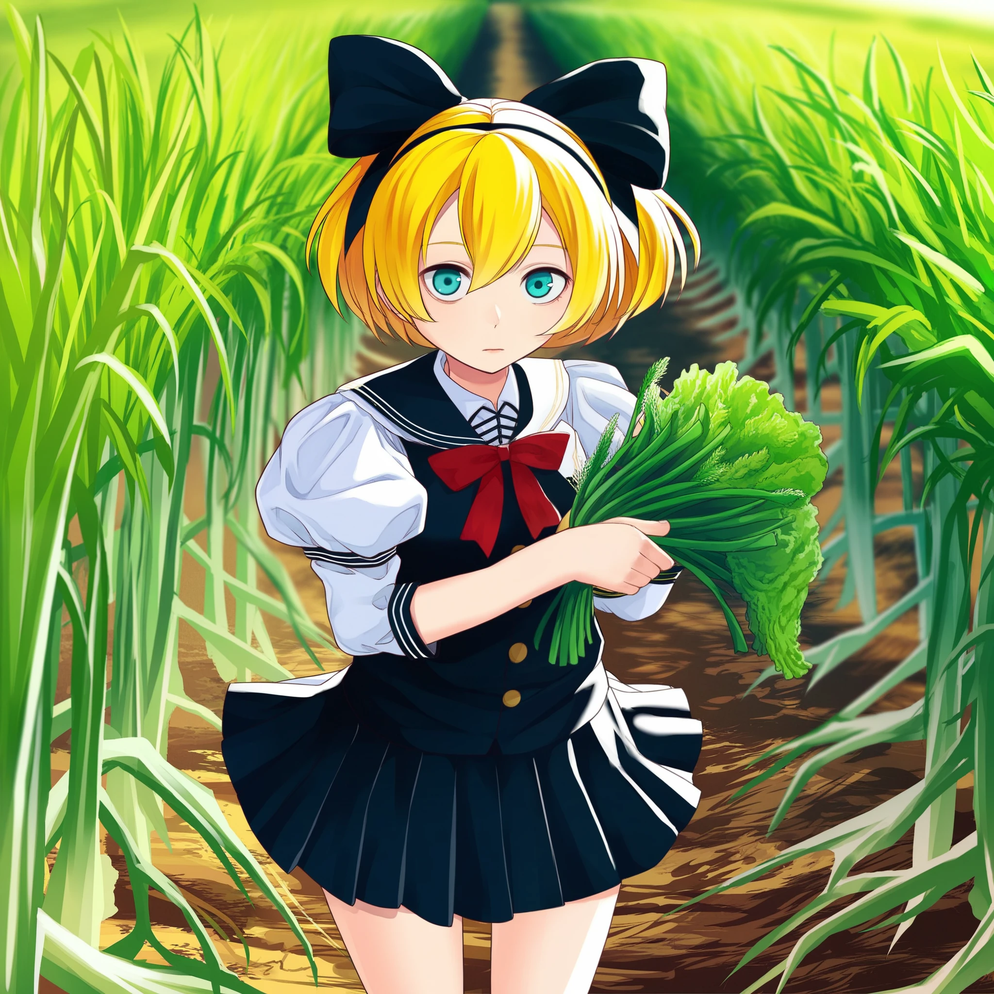 kagamine rin, vocaloid, 1girl, blonde hair, short hair, blue eyes, aqua eyes, looking away, hairband, shirt, short sleeves, bowtie, black dress, dress, puffy short sleeves, hair bow, puffy sleeves, white dress, looking at viewer, spring onion, outdoors, food, field, bow, solo, holding, upper body, black hairband, vegetable, white shirt, red bow, holding vegetable, holding food, red bowtie, fence, anime, solo alicia renato, yellow hair, black hair ribbon, score_9, score_8_up, score_7_up, source_anime, masterpiece, best quality, very aesthetic, absurdres