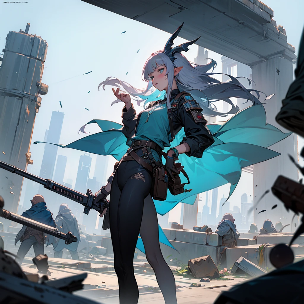 Flurry of bullets, in ruined city, bejetation cover, yena of aliens and elven and human races, therianthrope