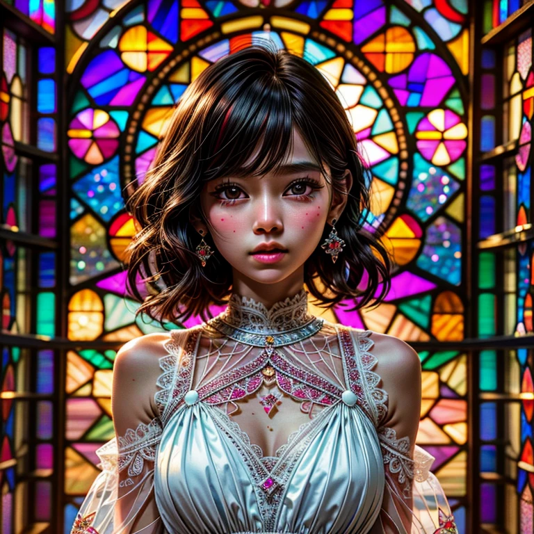 SFW , concept art, (PICHIPICHI KAWAII junior idol), (Detailed Delicate lace knitted white clothes), (nipple:-0.9), face closeup, (Elaborate stained glass Background:1.37), (((Renbutsu Misako), colorful Light shines through delicate stained glass:1.2, vivid red colors, Luminous Particles, light Particles))(Acutance:0.8). (ProfessionalPhoto:1.2),(ultra-detailed:1.37), (Extremely detailed KAWAII face variations, innocent expression variations), rosy cheeks, intricate detailed eyes with sparkling highlights, long eyelashes with volume, subtle blush on the face. Mystic sight, haze, Impeccable Radiant PearlSkin with Transparency, captivating gaze, ((Dynamic-angle)), whole Body proportions and all limbs are anatomically accurate . (Exposed:0.64) shoulder