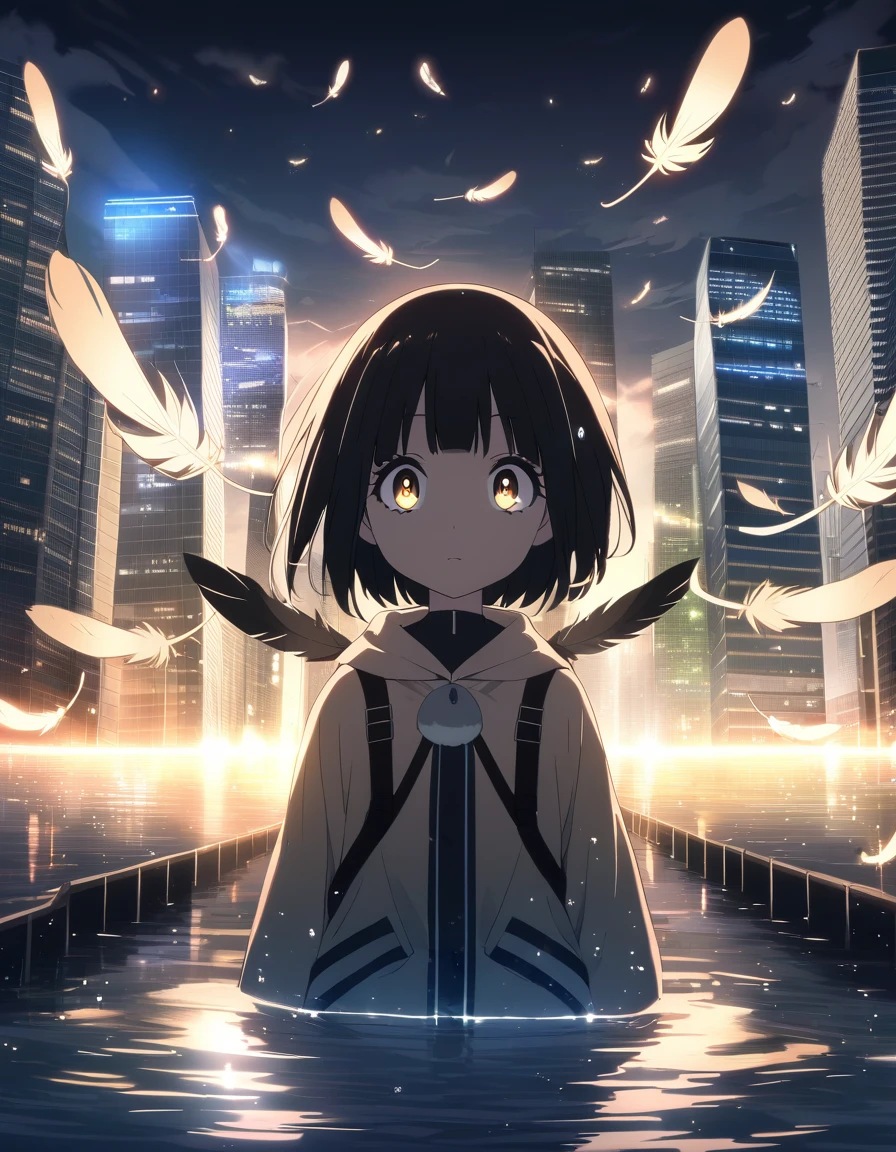 absurd, high resolution,, (1 Girl, Solitary), big eyes,, city View,, (Water Effects, Lighting Effects, Feathers Flying:1.2),