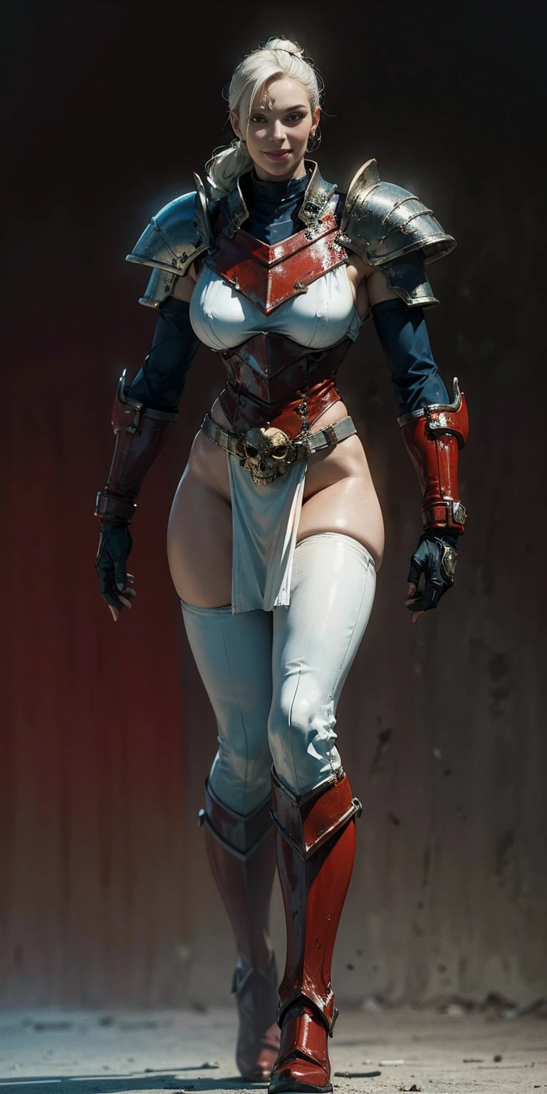 (masterpiece, best quality, 4k, 1girlsolo, 1MILF, mmplatz, smile, red cheeks, plain background:1.2) perfect face, perfect lighting, mature whsororitas with gloves red gauntlets in her hands like Cammy White from Street Fighter, bob white hair, warhammer 40k power armor suit with loincloth, red eyes like rubies, full body RED armor, view from below, looking to the viewer, arms to the sides empty hands, RED military boots, silver skull ornament attached to crossing 2 belt wide hips, 2 long legs