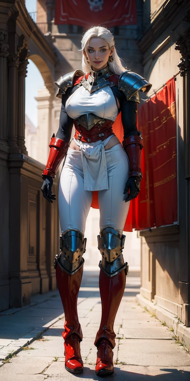 (masterpiece, best quality, 4k, 1girlsolo, 1MILF, mmplatz, smile, red cheeks, plain background:1.2) perfect face, perfect lighting, mature whsororitas with gloves red gauntlets in her hands like Cammy White from Street Fighter, bob white hair, warhammer 40k power armor suit with loincloth, red eyes like rubies, full body RED armor, view from below, looking to the viewer, arms to the sides empty hands, RED military boots, silver skull ornament attached to crossing 2 belt wide hips, 2 long legs
