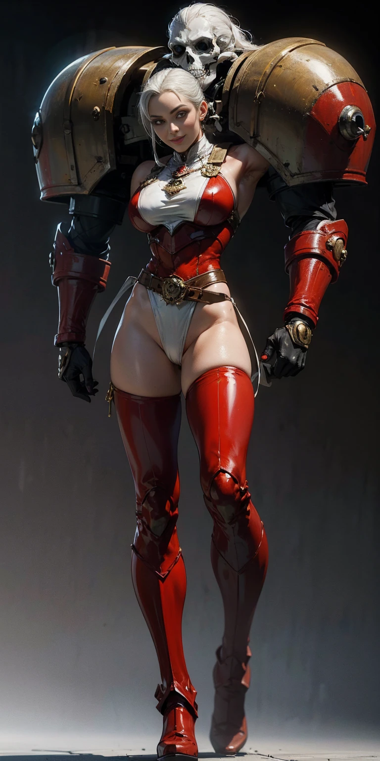 (masterpiece, best quality, 4k, 1girlsolo, 1MILF, mmplatz, smile, red cheeks, plain background:1.2) perfect face, perfect lighting, mature whsororitas with gloves red gauntlets in her hands like Cammy White from Street Fighter, bob white hair, warhammer 40k power armor suit with loincloth, red eyes like rubies, full body RED armor, view from below, looking to the viewer, arms to the sides empty hands, RED military boots, silver skull ornament attached to crossing 2 belt wide hips, 2 long legs