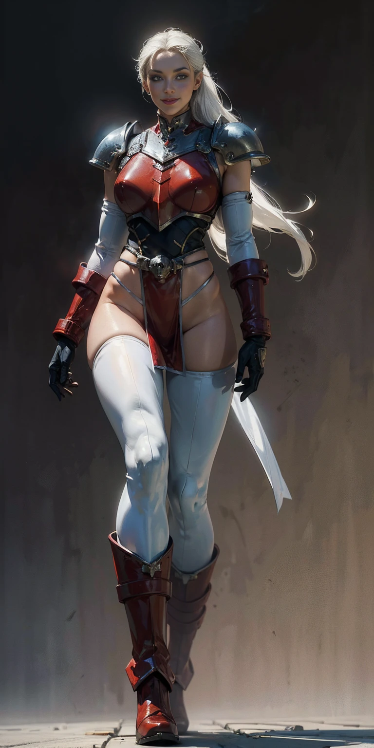 (masterpiece, best quality, 4k, 1girlsolo, 1MILF, mmplatz, smile, red cheeks, plain background:1.2) perfect face, perfect lighting, mature whsororitas with gloves red gauntlets in her hands like Cammy White from Street Fighter, bob white hair, warhammer 40k power armor suit with loincloth, red eyes like rubies, full body RED armor, view from below, looking to the viewer, arms to the sides empty hands, RED military boots, silver skull ornament attached to crossing 2 belt wide hips, 2 long legs