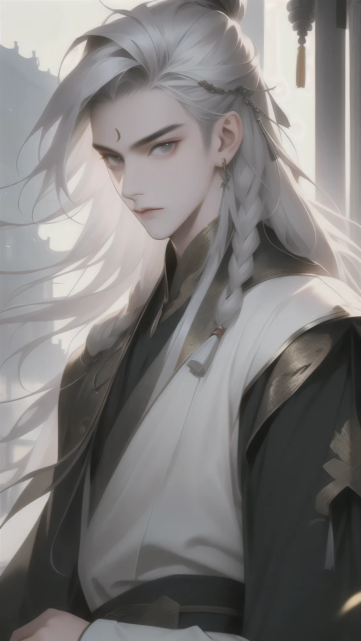 photoPractical, Practical, photography, masterpiece, best quality, Extremely detailed, Moderate, 1 boy, Solitary, Long hair, Chinese clothes, Silver Hair,