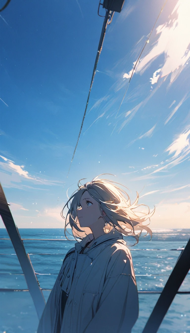 portrait photography, blue, blue sky, horizon, high air, high sky, one white line to the sky