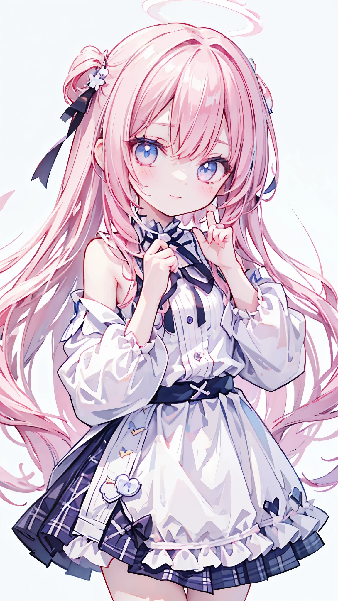 Highest quality,smile,woman,cute,Long Hair,Pink Hair,Light blue eyes,White off-the-shoulder tops,Checkered mini skirt,Light blue background,Touching your face with your hands,
