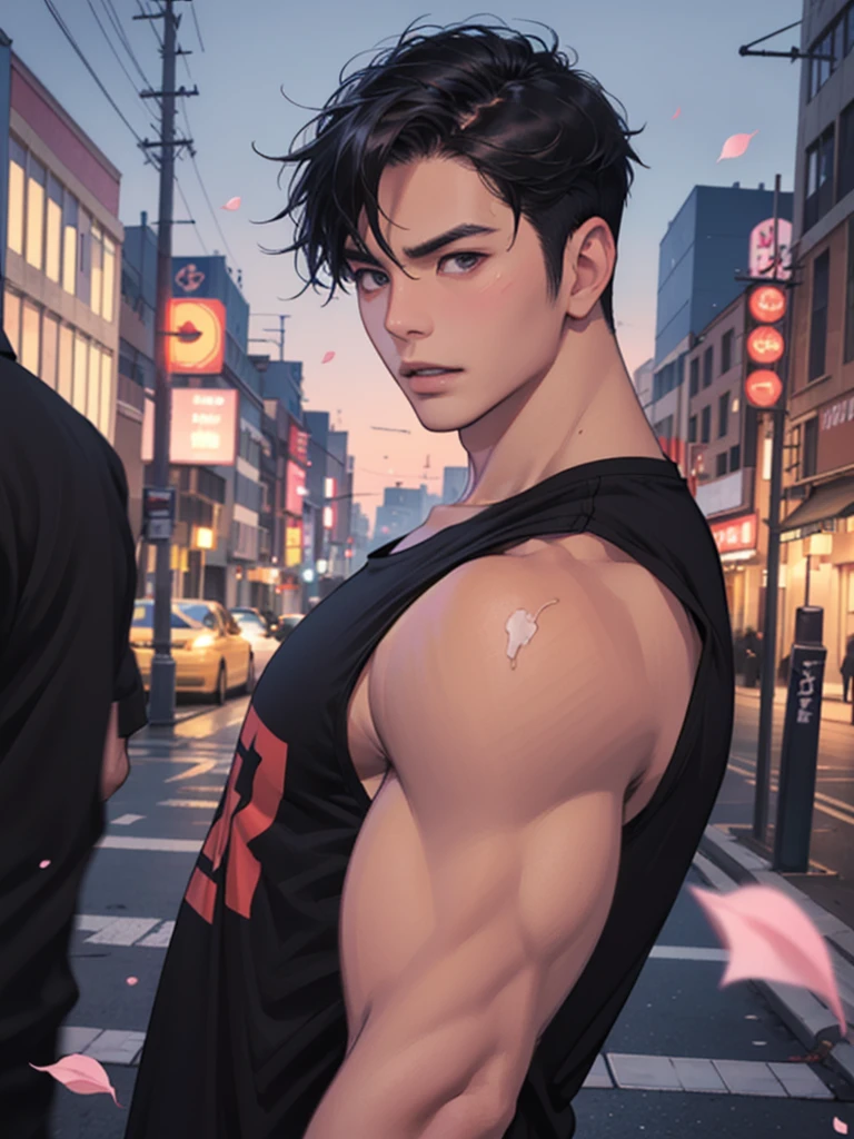 portrait of a 1 handsome asian man (25 year old) wearing a tight black tank top, front view, (angry:0.3), cinematic shot on canon 5d ultra realistic, urban atmosphere, skyscrapers, night scene, sakura petals are flying over the background, short hair undercut, (extremely handsome:1.2)