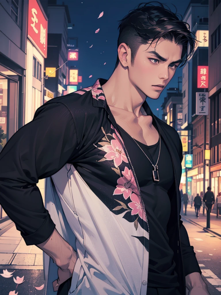 portrait of a 1 handsome asian man (25 year old) wearing a tight black tank top, front view, (angry:0.3), cinematic shot on canon 5d ultra realistic, urban atmosphere, skyscrapers, night scene, sakura petals are flying over the background, short hair undercut, (extremely handsome:1.2)